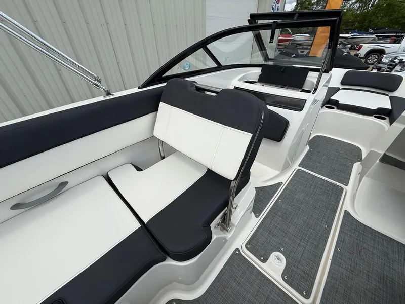 Slide: The Image of 2021 Bayliner VR5 boat interior with sleek seating and modern design. - 18