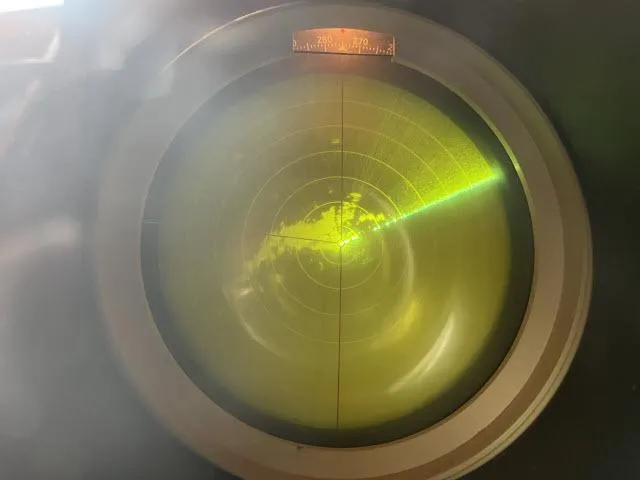 Slide: The Image of Radar display on 1983 Bluewater Vagabond 47 yacht, showing navigational data. - 17