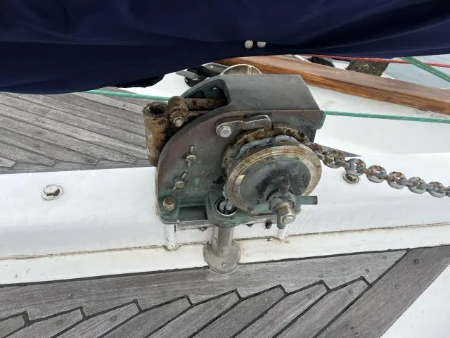 Slide: The Image of Anchor windlass on 1983 Bluewater Vagabond 47 sailboat deck. - 40