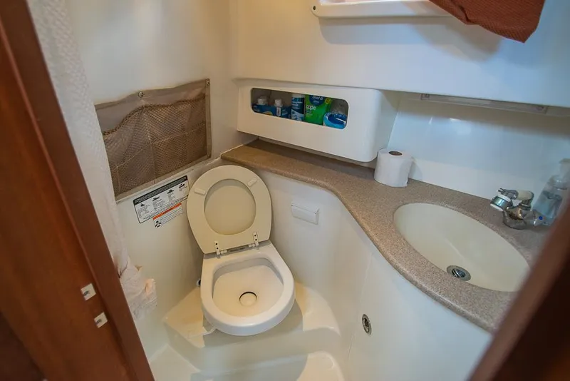 Slide: The Image of 2009 Pro-Line 35 Express boat bathroom with toilet, sink, and storage shelves. - 19