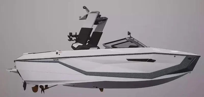 Slide: The Image of 2025 Nautique Super Air G23 boat, sleek design, side view, modern features. - 58