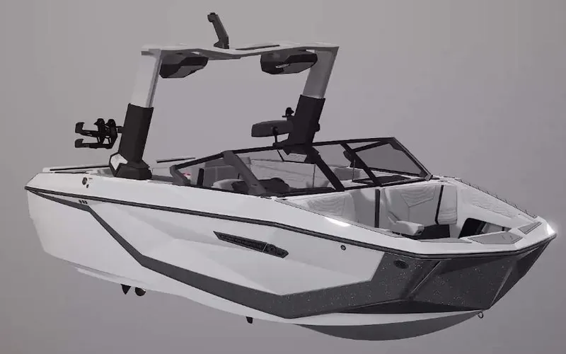 Slide: The Image of 2025 Nautique Super Air G23 boat, sleek design, white and gray color scheme, modern features. - 59
