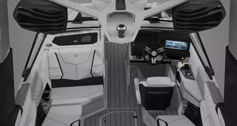 Slide: The Image of 2025 Nautique Super Air G23 interior with sleek design and advanced dashboard technology. - 60