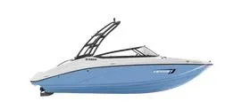 Slide: The Image of 2025 Yamaha Boats AR190, blue and white design, side view. - 4