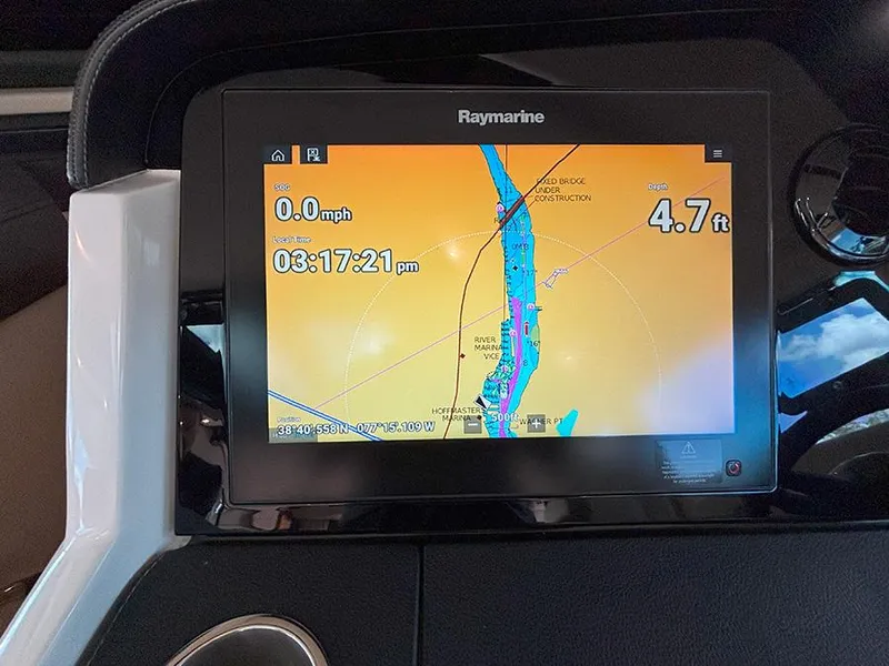 Slide: The Image of Raymarine navigation display on 2017 Sea Ray L590 yacht, showing speed, depth, and time. - 35
