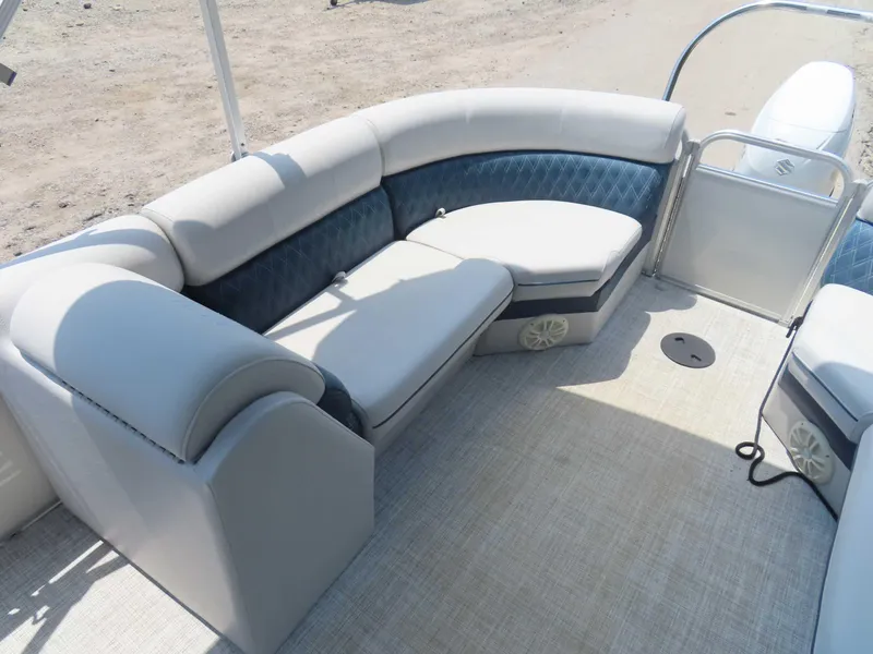 Slide: The Image of 2022 Nepallo pontoon boat interior with cushioned seating and modern design. - 31