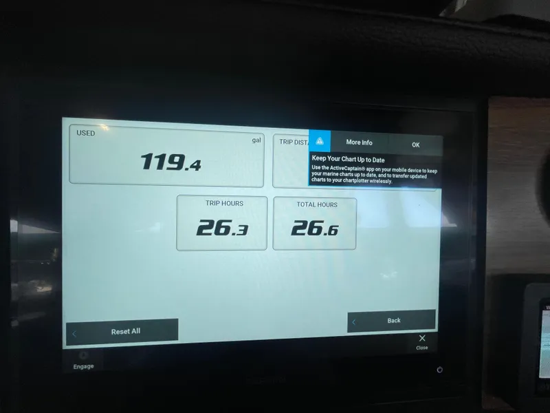 Slide: The Image of Dashboard display of a 2023 Ranger Tugs R-25 showing fuel usage and trip hours. - 29