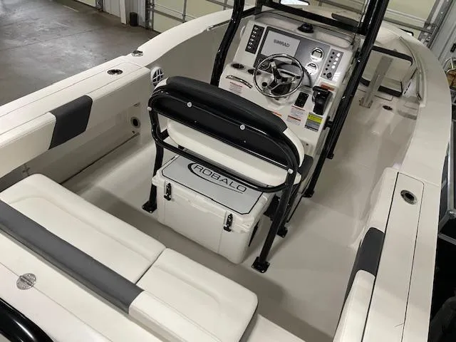Slide: The Image of 2025 Robalo R202 Explorer boat interior with steering console and seating. - 6