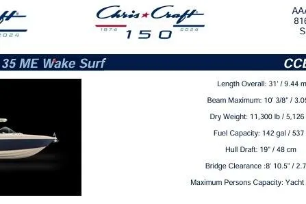 Slide: The Image of 2025 Chris-Craft Launch 35 GT specifications with boat image and dimensions. - 18