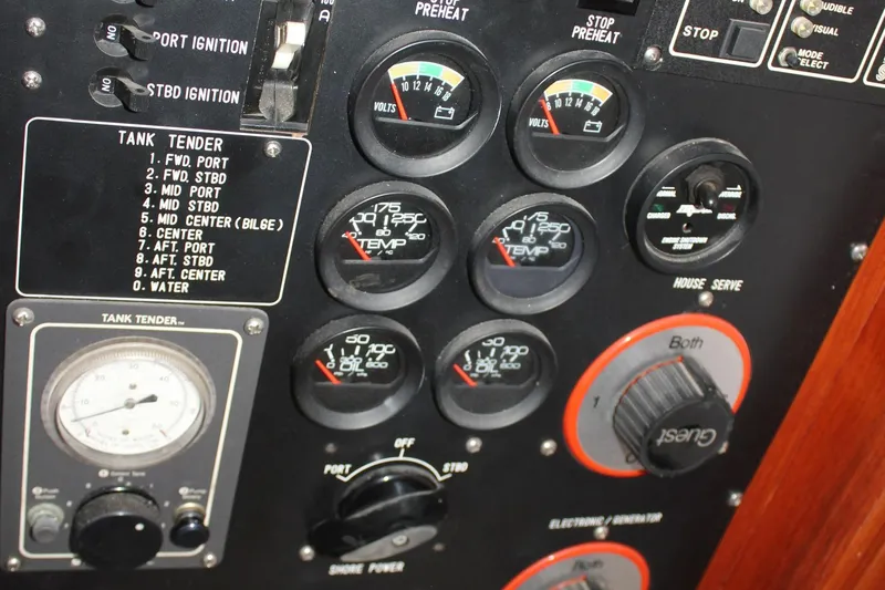 Slide: The Image of Control panel of a 1994 Mikelson 64 yacht with gauges and switches. - 38