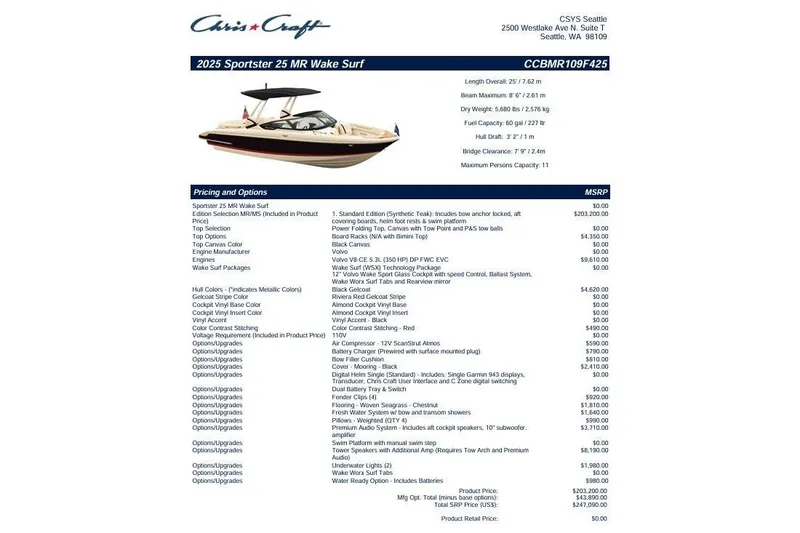 Slide: The Image of 2025 Chris-Craft Sportster 25 boat specifications and pricing details. - 10