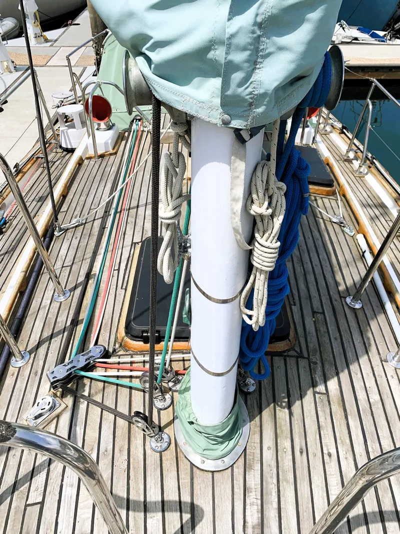 Slide: The Image of Deck of 1979 Robert Perry 41 Sloop with ropes and mast details. - 12