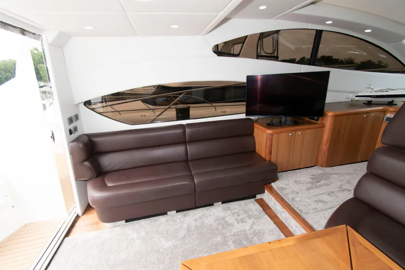 Slide: The Image of Luxurious interior of 2009 Sunseeker Predator 62 yacht with leather seating and modern TV. - 35