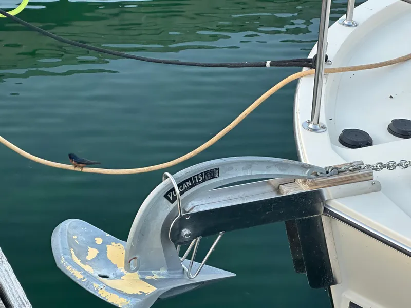 Slide: The Image of 2004 Camano Troll boat with anchor and bird perched on rope. - 13