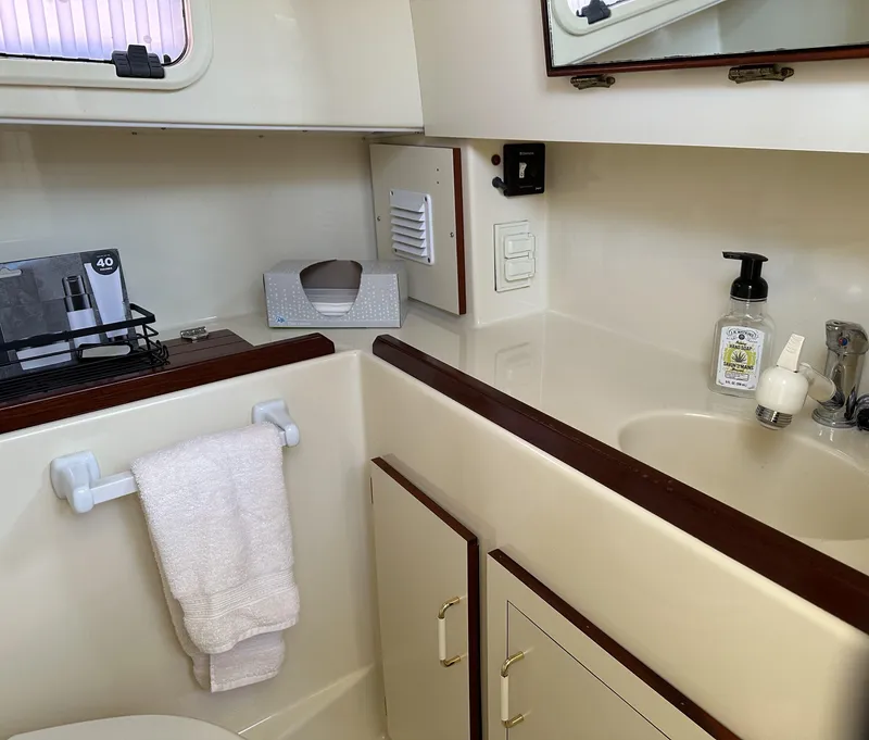 Slide: The Image of 2004 Camano Troll boat bathroom with sink, towel rack, and toiletries. - 44