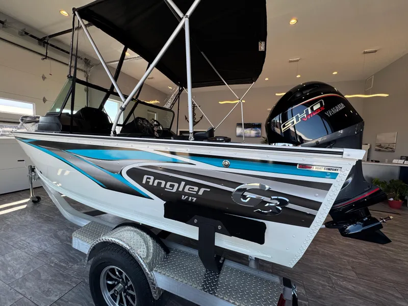 Slide: The Image of 2025 G3 AV17SF Angler boat with Yamaha engine in showroom. - 3