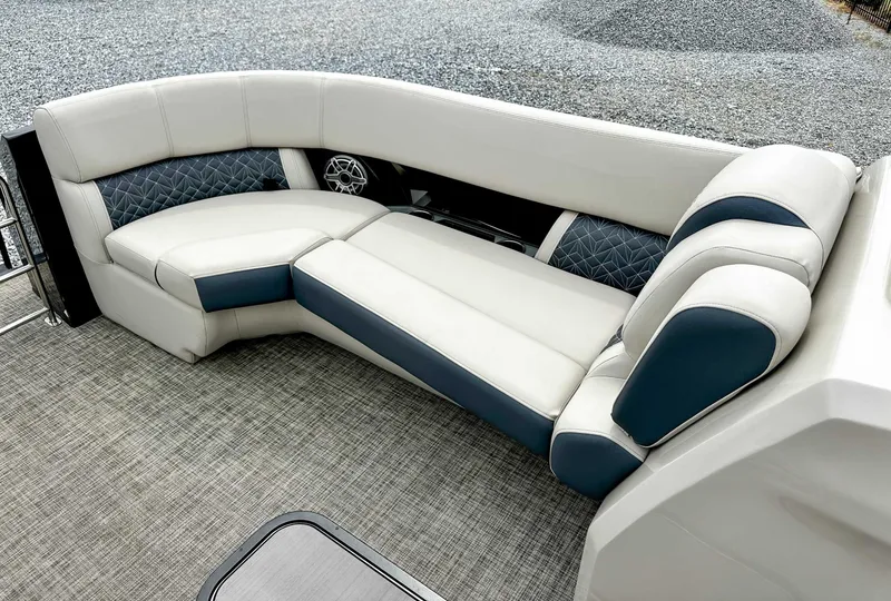 Slide: The Image of 2023 Harris Grand Mariner 230 boat interior with luxurious seating and stylish design. - 13