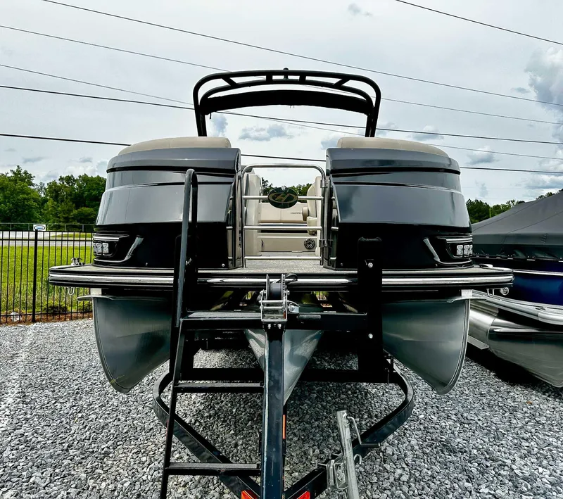 Slide: The Image of 2023 Harris Grand Mariner 230 pontoon boat on display, rear view. - 5