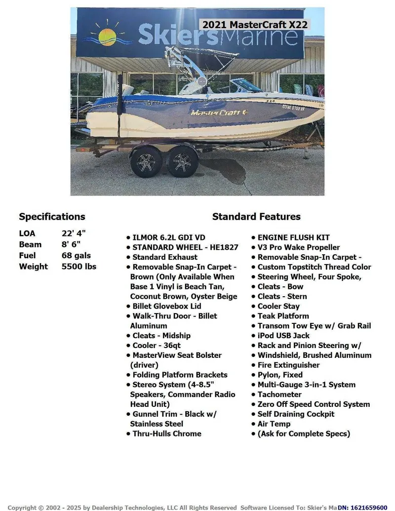 Slide: The Image of 2021 MasterCraft X22 boat with specifications and features listed, displayed at Skier's Marine. - 2