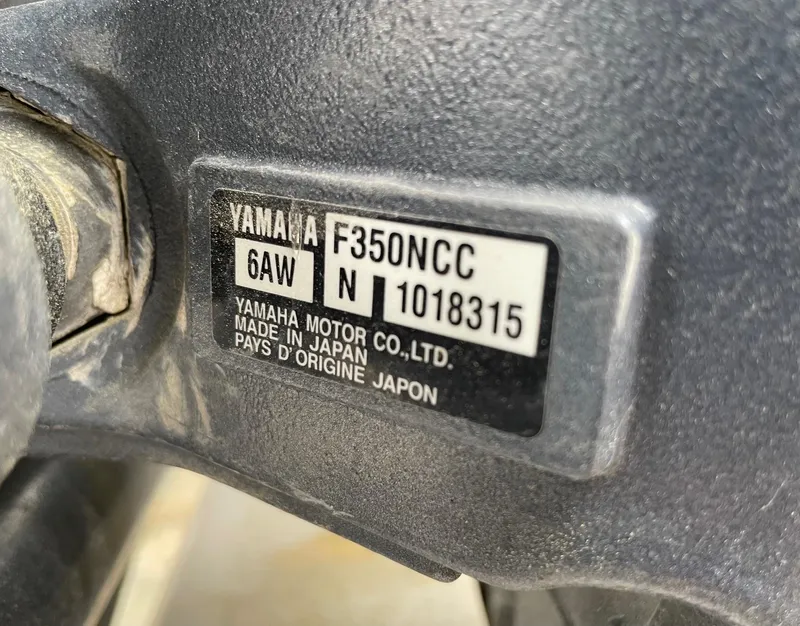 Slide: The Image of Yamaha motor label on a 2009 Contender 39 Tournament boat, model F350NCC, made in Japan. - 45