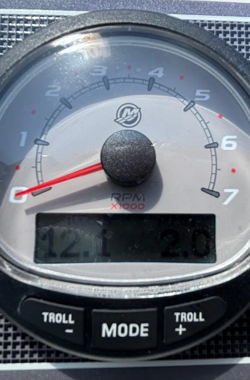 Slide: The Image of Tachometer of 2024 Boston Whaler 170 Montauk showing RPM and digital display. - 12
