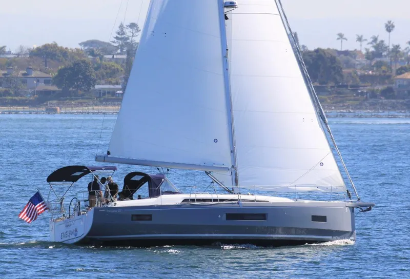 Slide: The Image of 2021 Beneteau Oceanis 40.1 sailing on calm waters with American flag. - 28