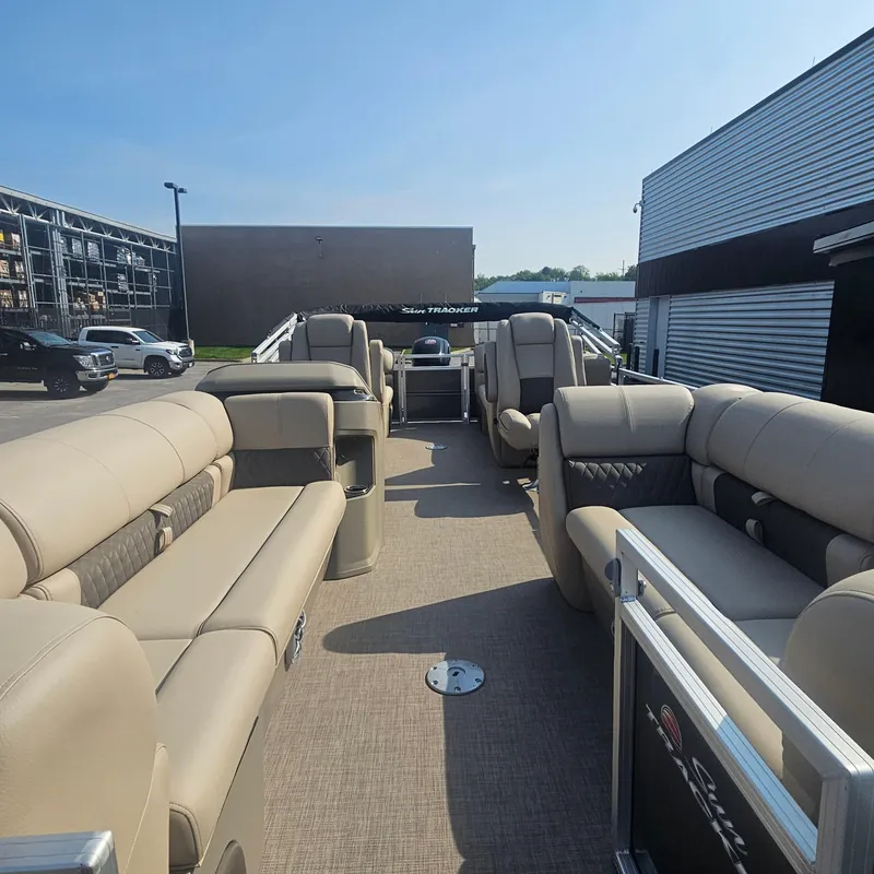 Slide: The Image of 2025 Sun Tracker Party Barge 22 DLX with spacious seating and modern design. - 4