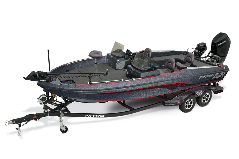 Slide: The Image of 2025 Nitro ZV21 boat displayed indoors with Minn Kota trolling motor. - 0
