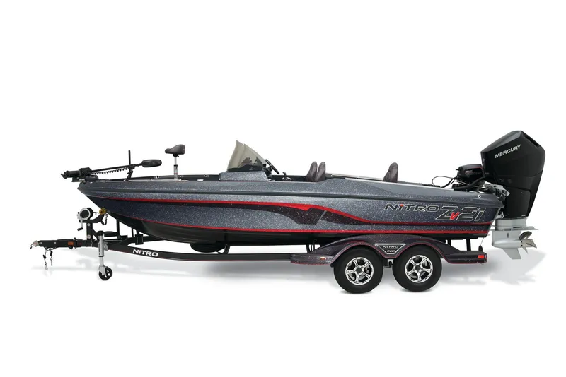 Slide: The Image of 2025 Nitro ZV21 boat on display in showroom, featuring sleek design and modern equipment. - 1