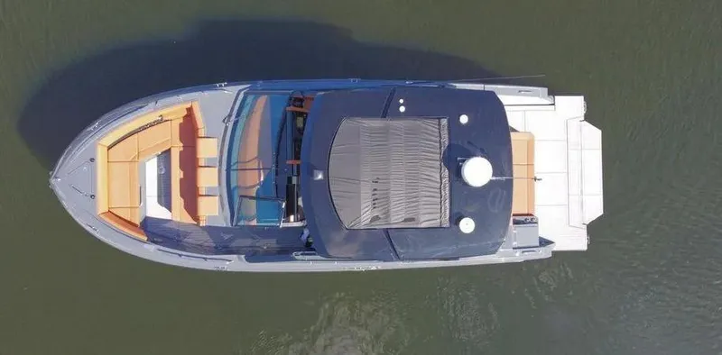 Slide: The Image of 2023 Cruisers Yachts 38 GLS, aerial view, sleek design, spacious deck, luxury motor yacht. - 6