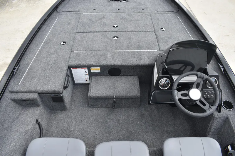 Slide: The Image of 2025 Lowe Stinger 175C boat seat, gray and black design, top view. - 30
