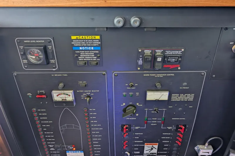 Slide: The Image of Control panel of a 2000 Bayliner 4088 boat, featuring various gauges and switches. - 47