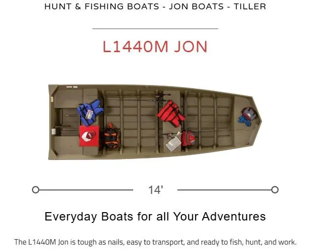 Slide: The Image of Lowe L1440M Jon boat, 2024 model, 14 feet, ideal for fishing and hunting adventures. - 9