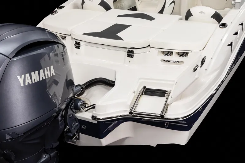 Slide: The Image of 2025 Chaparral OB Ski & Fish boat with Yamaha outboard motor, rear view. - 28