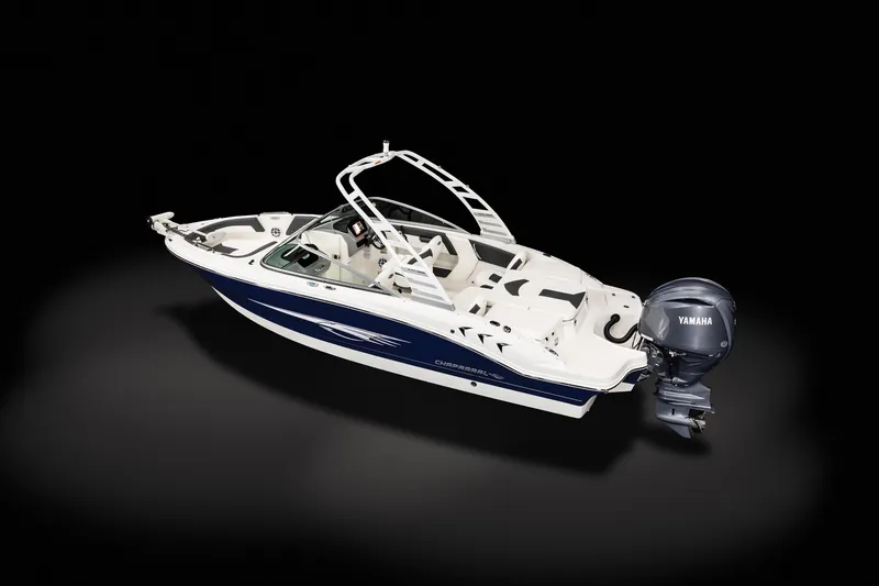 Slide: The Image of 2025 Chaparral OB Ski & Fish boat with Yamaha outboard motor on black background. - 5