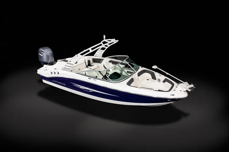 Slide: The Image of 2025 Chaparral OB Ski & Fish boat with sleek design on black background. - 9