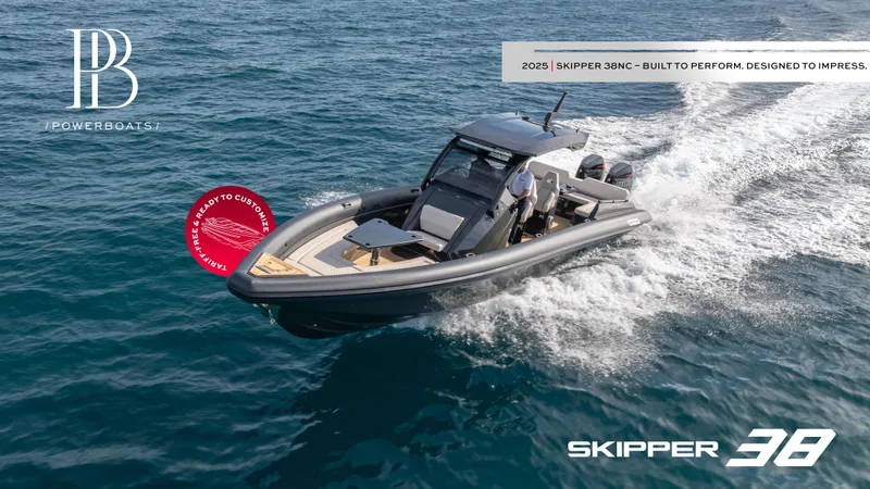 Slide: The Image of 2025 Skipper-BSK 38 powerboat cruising on open water, showcasing sleek design and performance. - 0