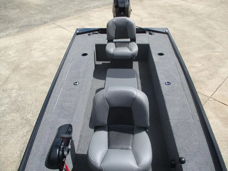 Slide: The Image of 2025 Tracker Panfish™ 17 boat interior with gray seating and spacious layout. - 9