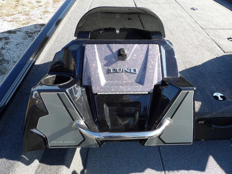 Slide: The Image of 2025 Lund 1975 Renegade SS boat deck with sleek black design and modern features. - 24