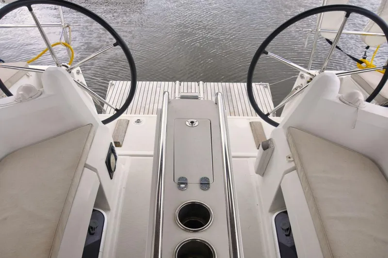 Slide: The Image of Cockpit of 2016 Jeanneau Sun Odyssey 349 sailboat with dual steering wheels. - 17