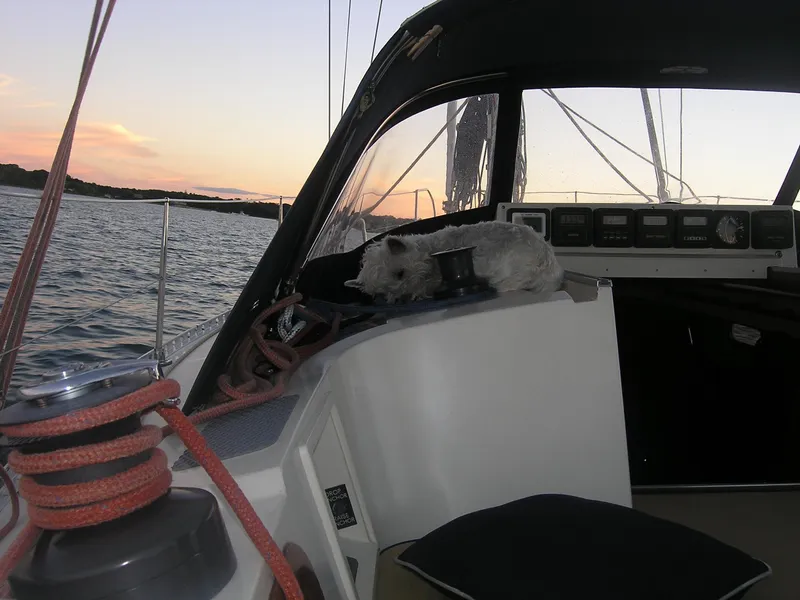 Slide: The Image of Sailboat cockpit at sunset with a dog, Contest 36S, 1985 model. - 14