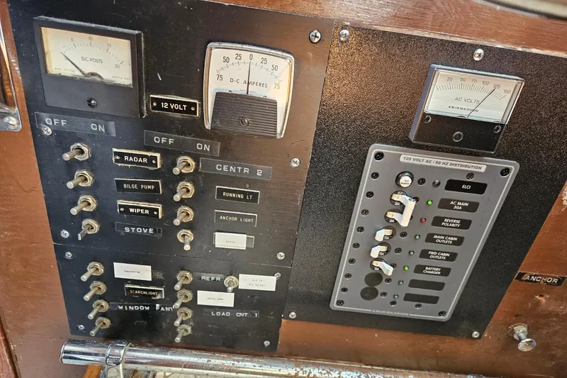 Slide: The Image of Control panel of a 1975 Trawler Monterey Diesel Cruiser with switches and gauges. - 10