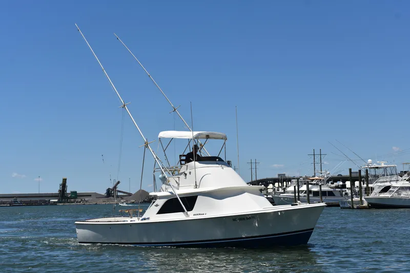 Slide: The Image of 1965 Bertram 31 boat on water, clear sky, marina background. - 4
