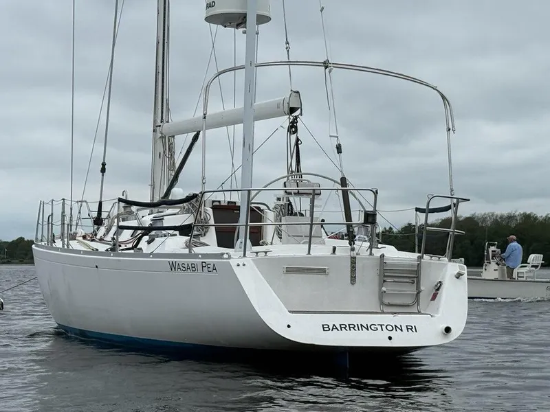 Slide: The Image of 2003 J Boats J/46 sailboat on water, overcast sky, Barrington RI. - 7
