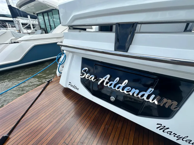 Slide: The Image of Galeon 425 HTS 2021 yacht docked, featuring "Sea Addendum" nameplate. - 17