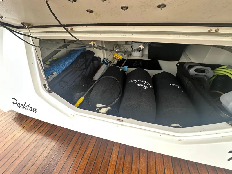Slide: The Image of Storage compartment of 2021 Galeon 425 HTS yacht with various equipment and supplies. - 20