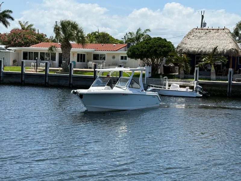 Slide: The Image of 2022 Edgewater 262 CX boat cruising near waterfront homes and palm trees. - 6