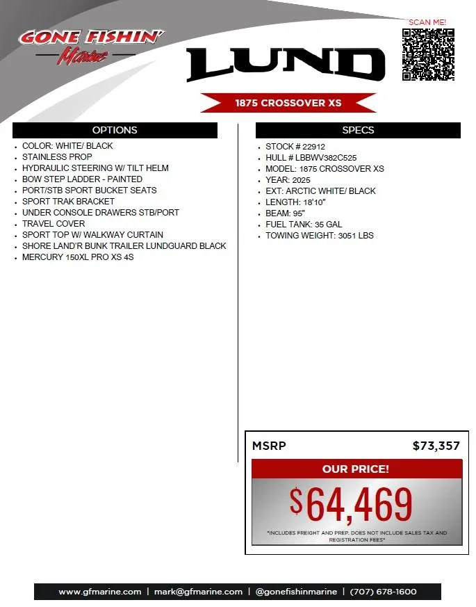 Slide: The Image of Lund 1875 Crossover XS 2025 boat features, pricing, and specifications flyer. - 34