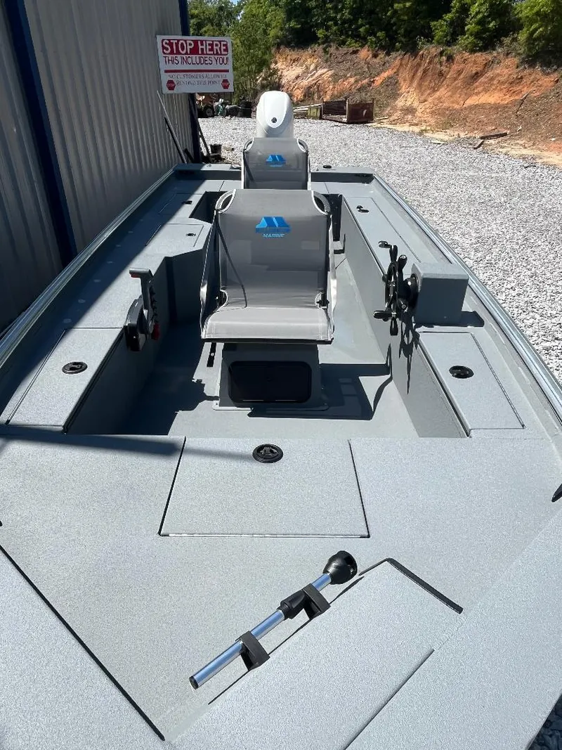 Slide: The Image of 2025 Alweld 1856 Panfish boat with gray deck, outdoor setting. - 5