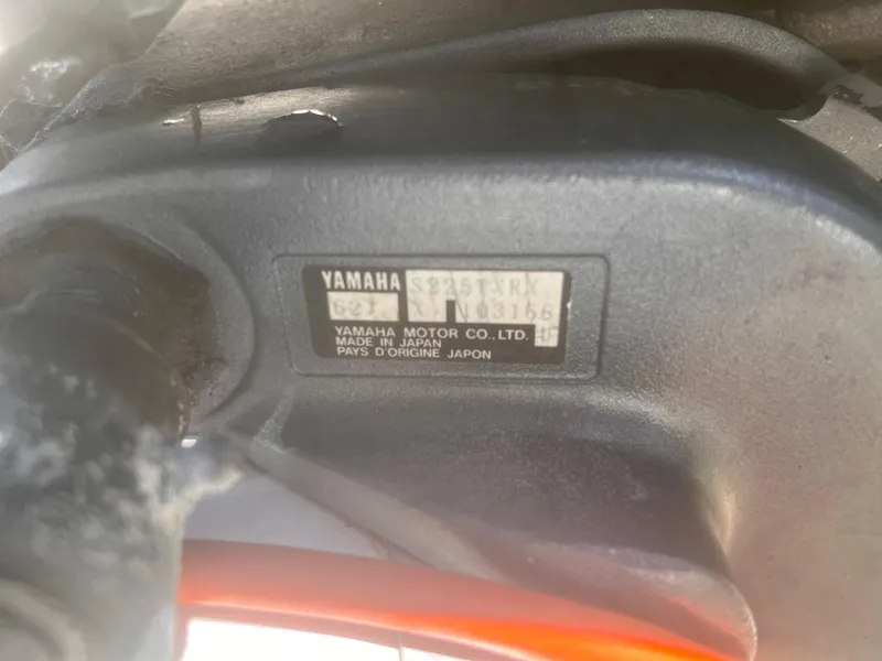Slide: The Image of Close-up of a Yamaha motor label on a 1992 Grady-White 22 Seafarer boat. - 28